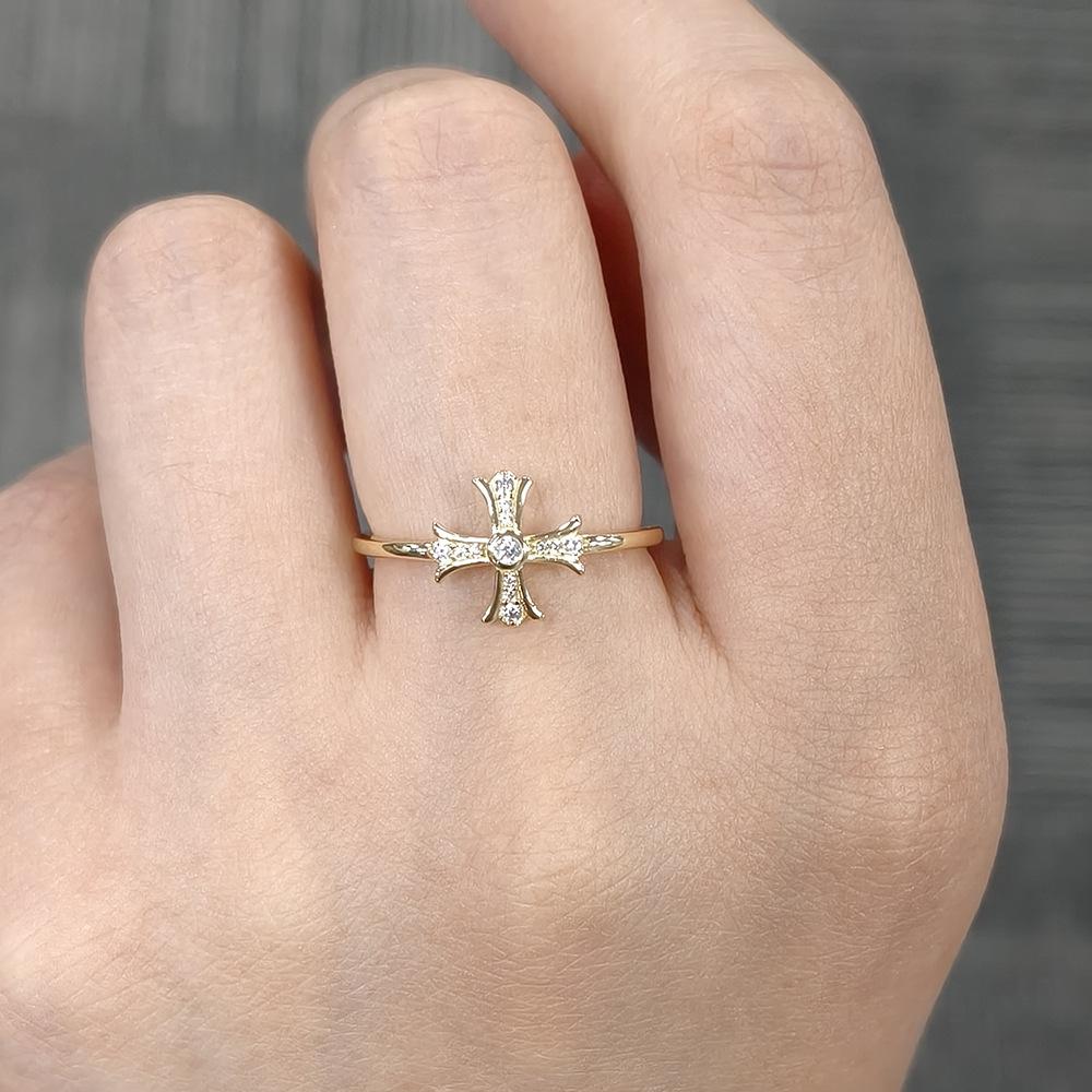 Luxury S925 Sterling Silver Cubic Zirconia Cross Ring for Women 14K Gold Plating Flower Cross Inlay Zircon Finger Rings