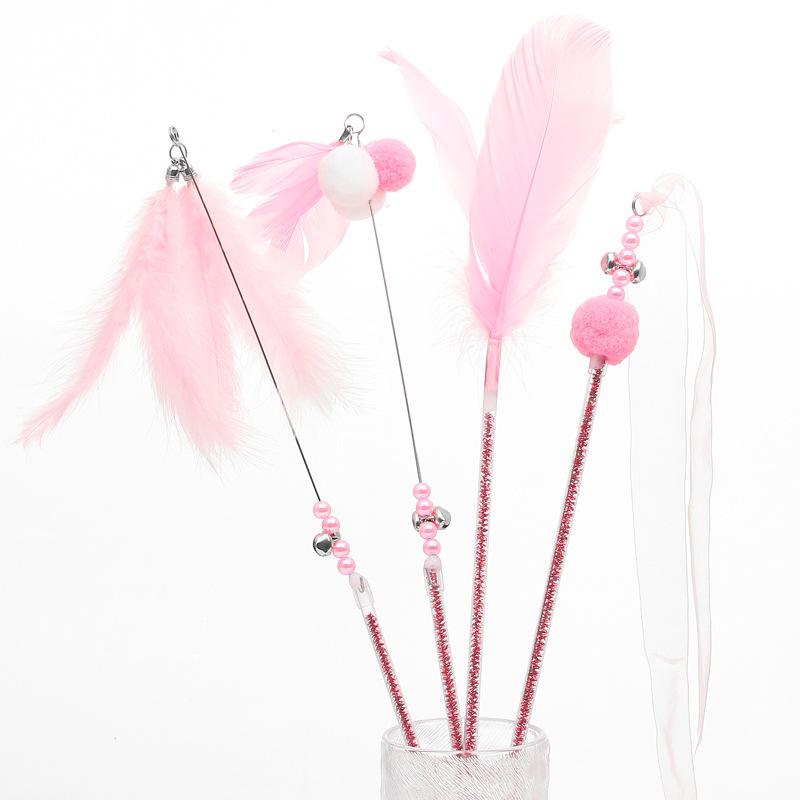 Simulation Feather Interactive Cat Toy Satin Ribbon Bell Cat Stick Toys Kitten Playing Teaser Wand Supplies Accessories