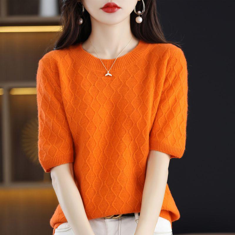 Winter Knitted Short Sleeve T-shirt Women's Loose Bottom Shirt Mid Sleeve Top