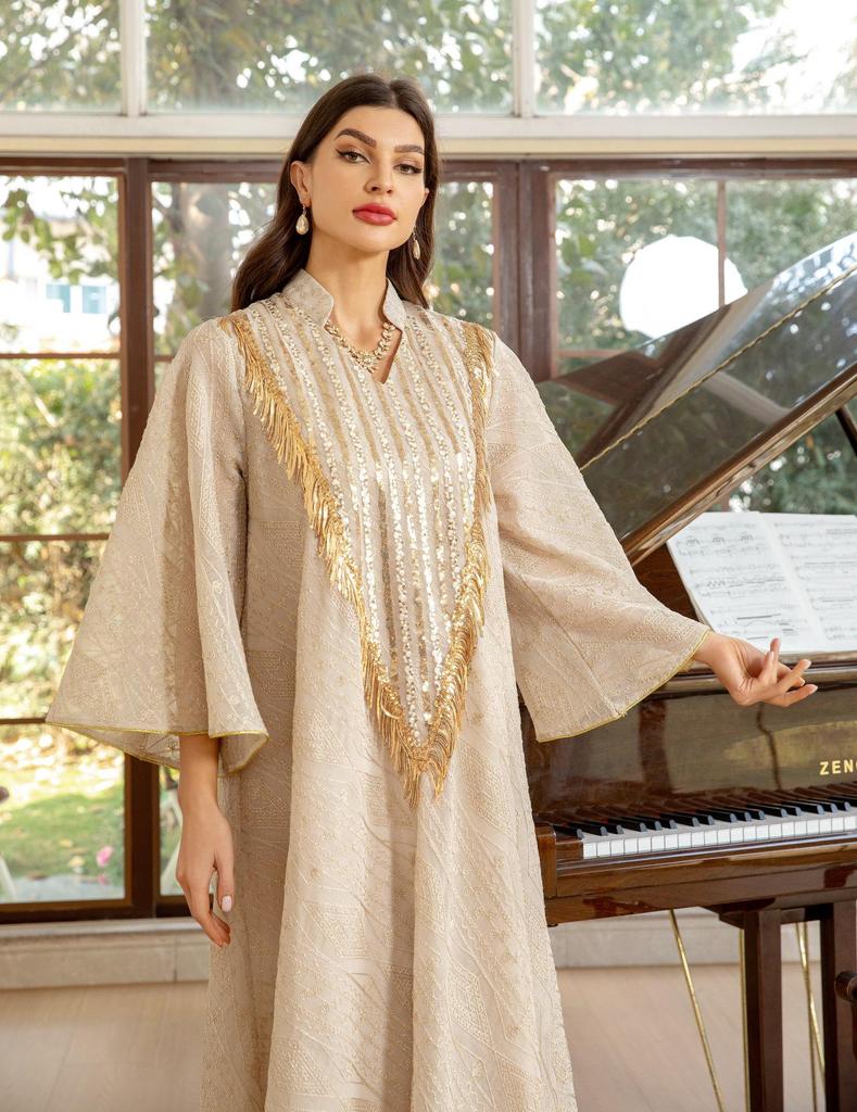 AB320 Tulle Embroidered Sequined Muslim Evening Dress - Arabic Dubai Style Robe for Middle Eastern Women
