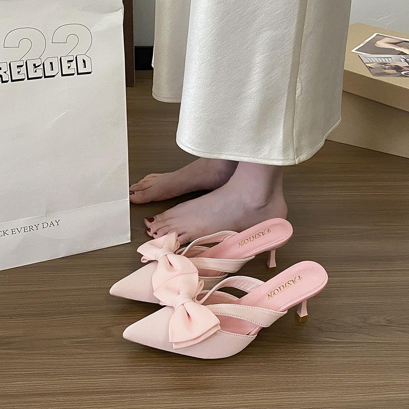 High-heeled Half-bag Head Slippers Women's Spring and Summer 2025 French Pointed Bow Hollow Fairy Style Pink Sandals
