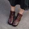 Johnature Genuine Leather Pleated Flat Short Boots Comfortable Soft Sole Retro Women's Shoes