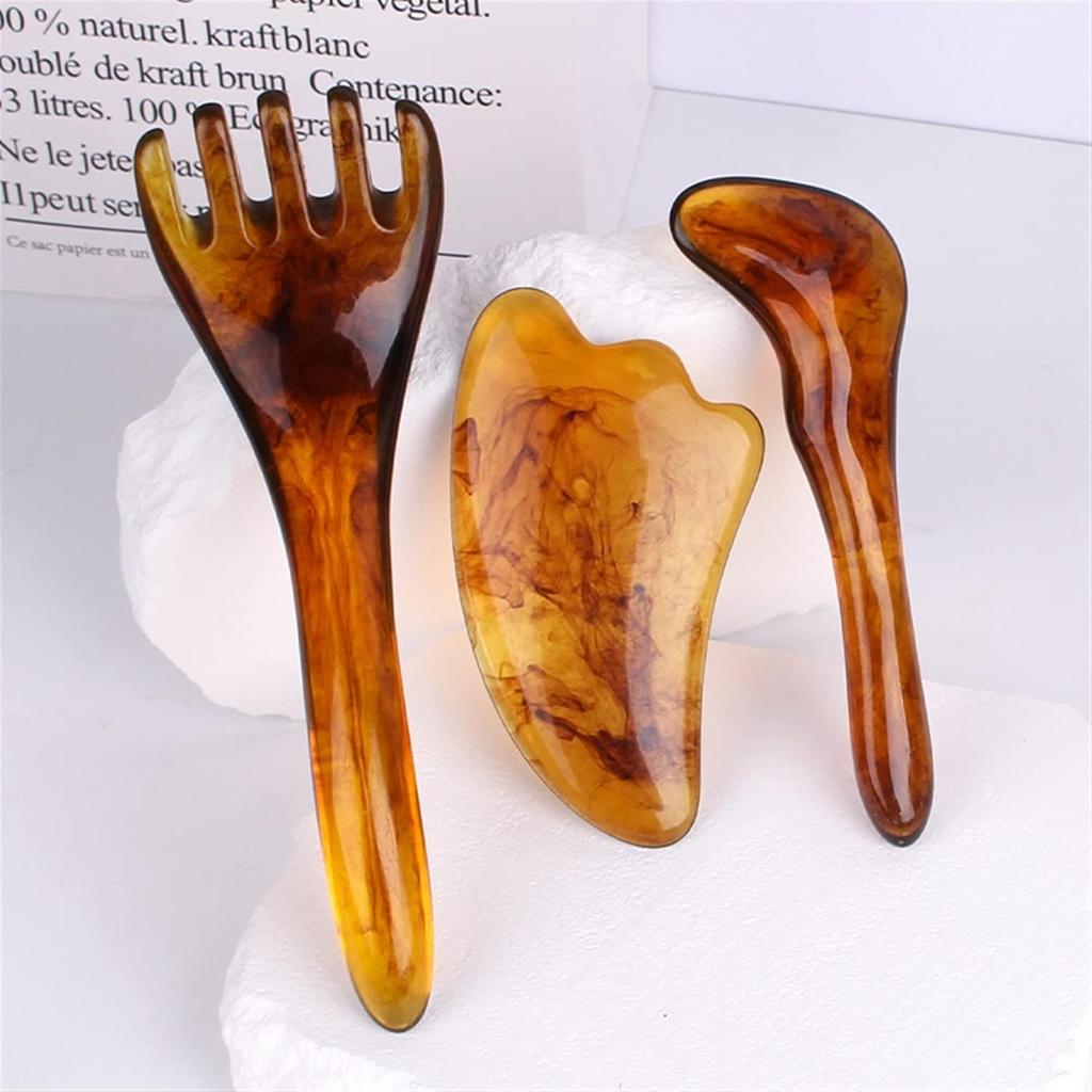 3Pcs/Set Gua Sha Massage Tools Synthetic Resin Head Massage Comb Beauty Scraping Board Acupoint Stick Skin Lifting Detox (Color : Set A)