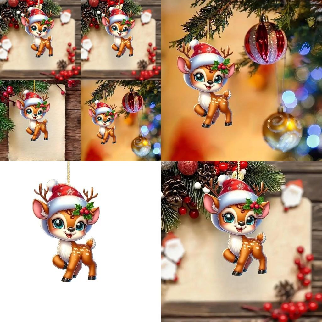 Akrylová závěsná dekorace do auta s motivem roztomilého jelena a vánočního stromku pro interiér automobilu