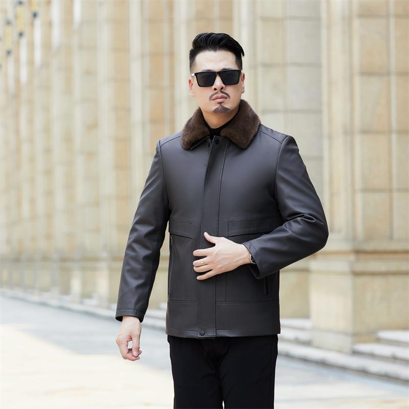Autumn and winter new men's genuine leather jacket with fur integrated removable liner, velvet and thickened fur collar daddy outfit
