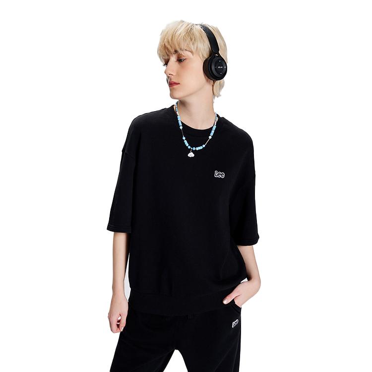 Solid Logo Print Loose Fit Crew Neck Pullover Short Sleeve Sweatshirt Men Sweatshirt Black LUT0051023RV00FK11000
