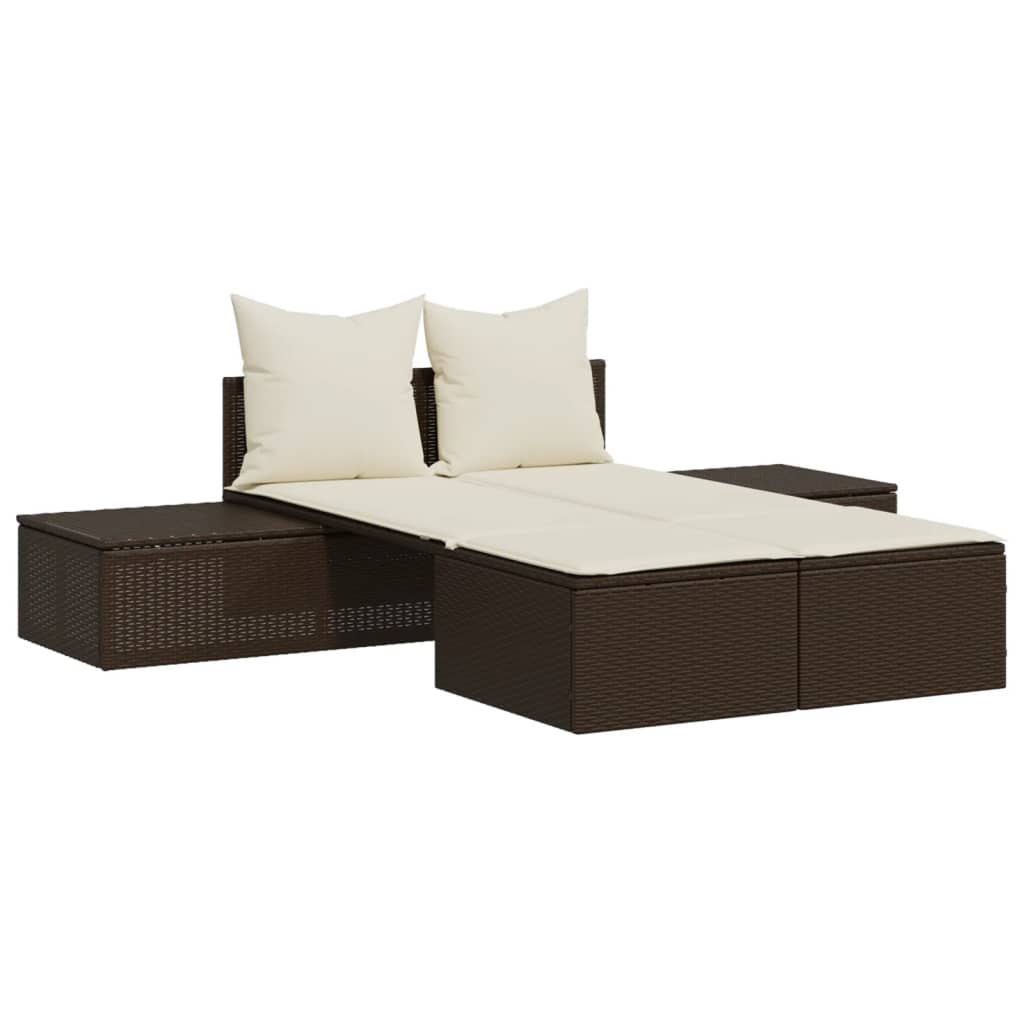 Double Sun Lounger with Cushions Brown Poly Rattan