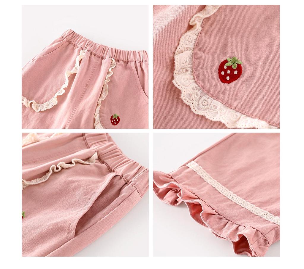 Girls' Strawberry Lace Wide-Leg Trousers - 2025 Autumn Korean Style Fashion for Children