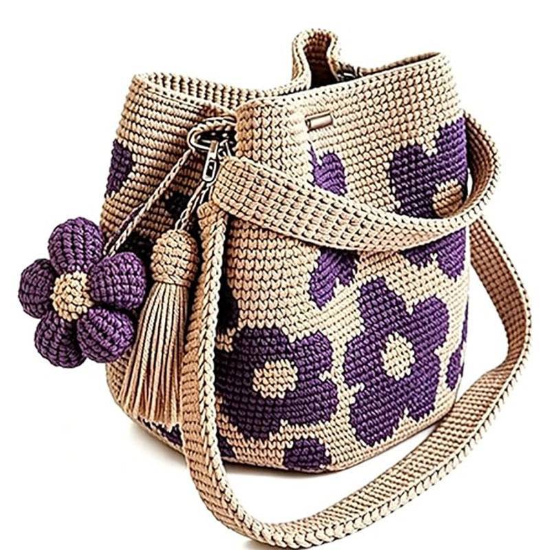 Handmade Crochet Flower Tote Bag With Pu Material For Gift Giving And Casual Use