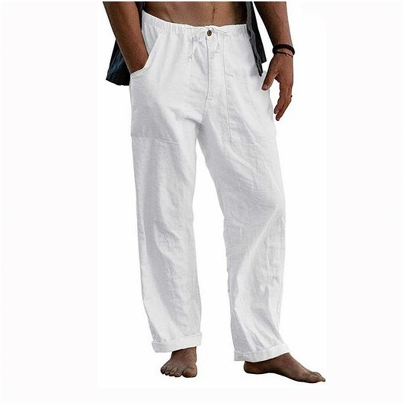 Men's Yoga Drawstring Elasticated Trousers Breathable Comfortable Loose Cotton Linen Pants Summer Beach