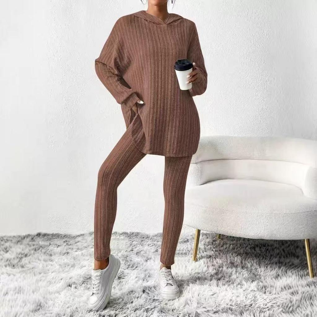 Completo da Loungewear da Donna a Coste con Felpa con Cappuccio Oversize e Spacco Laterale + Leggings Completo 2 Pezzi Morbido Casual Abbigliamento per la Casa Tuta