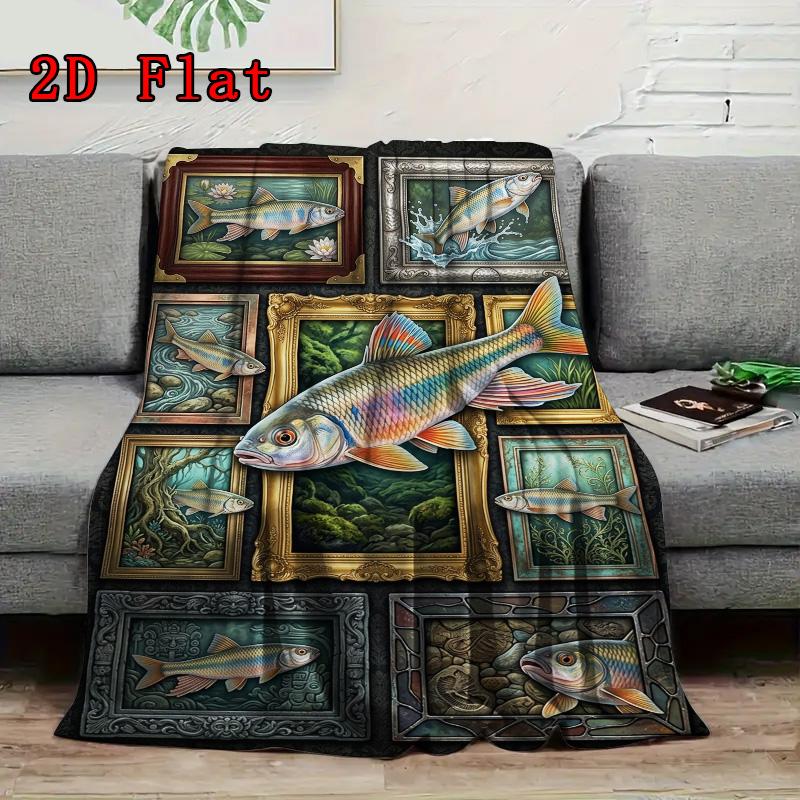 Fish Art Collection 2D Flat Pattern Flannel Blanket, High Quality All Seasons, Home Decor, Warmth and Comfort, Perfect for Christmas Gifts.