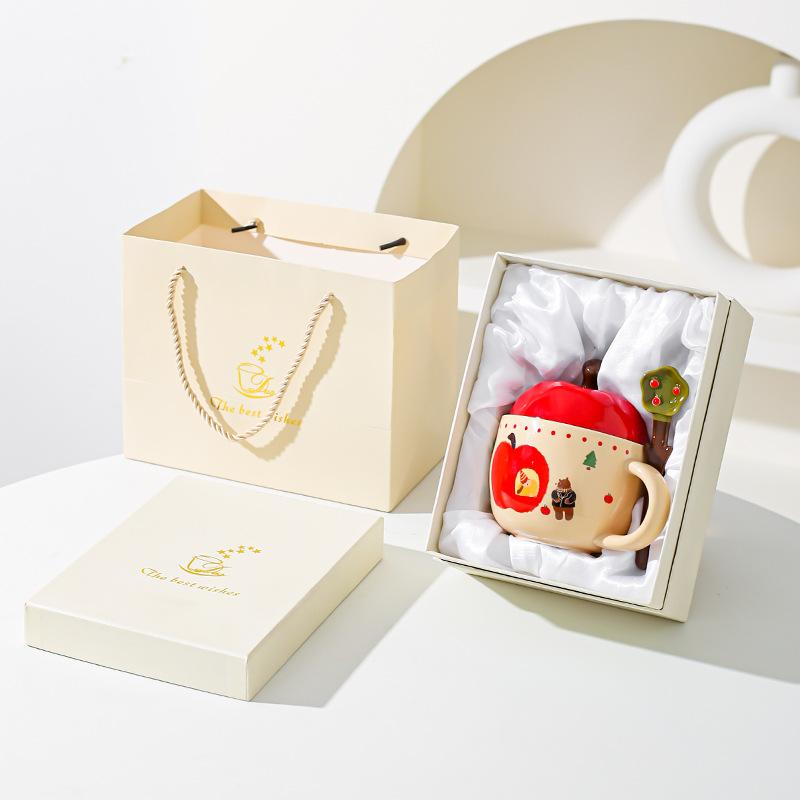 New Year Gift Gifts From Friends Elders Retro Apple Cup with Lid with Spoon Mug Gift Box for Best Friend Birthday Gift