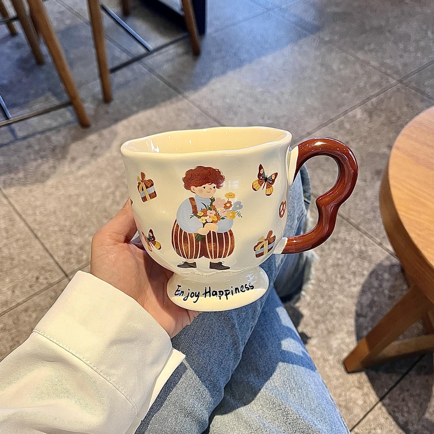 

Mug with Lid Spoon High value Ceramic Cup Niche Goblet Couple s Water Cup Household Coffee Breakfast Cup 301-400ml