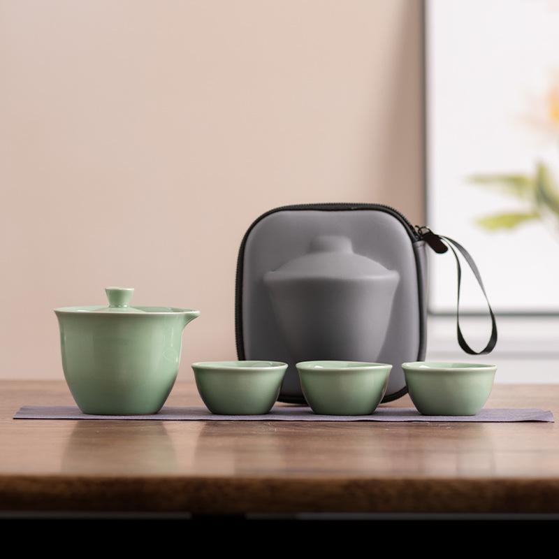 Celadon Ge Kiln Opening Film Can Raise Outdoor Portable Travel Tea Set, One Pot and Three Cups of Kuaike Tea Cup Gifts