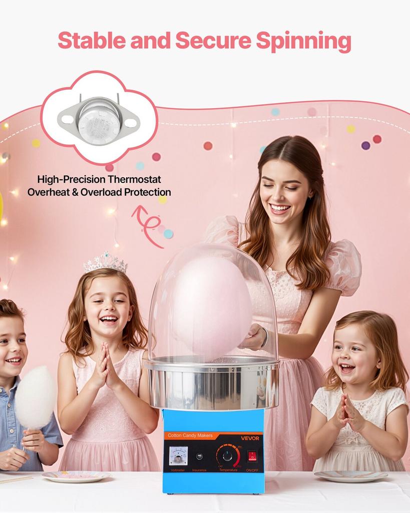 Electric Cotton Candy Machine, 1000W Commercial Floss Maker With Cover, Commercial Cotton Candy Machine w/Stainless Steel Bowl & Sugar Scoop, Ideal