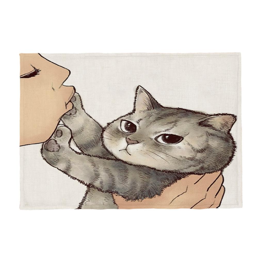 Kočičí lněná podložka na stůl Roztomilý odmítá políbit Prostírání s kresleným vzorem Dekorace na kuchyňský stůl Mat