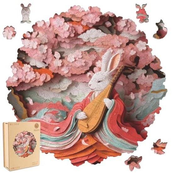 Delobil Jigsaw Puzzle Wooden 5MM Thick Pink Rabbit Irregular Pieces No Glue Needed