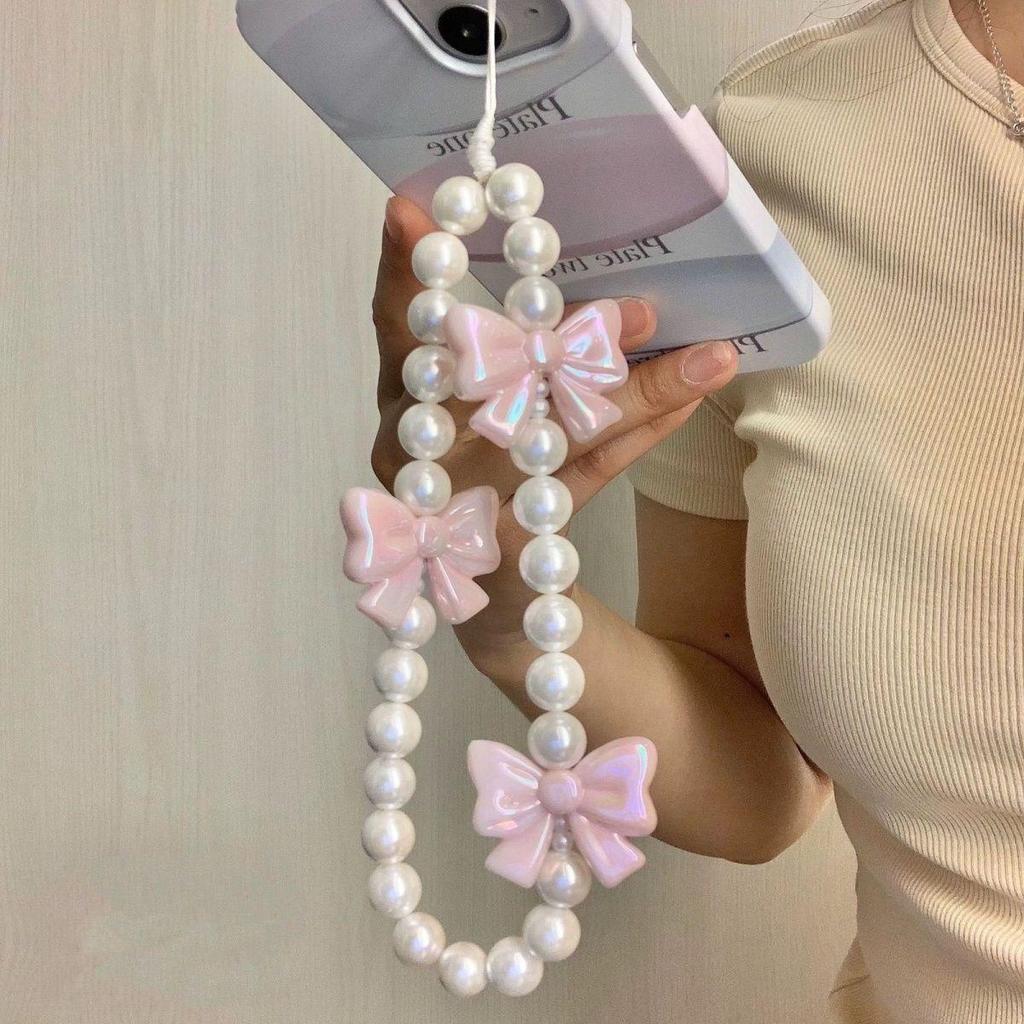 Chic Butterfly Phone Charm | Pink Pearl Bow Beaded Lanyard for All Genders