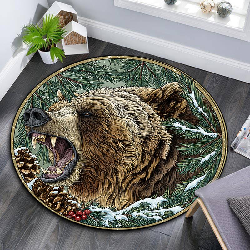 Grizzly Bear Round Area Rug,Carpet Rug for Living Room Bedroom Sofa Playroom Decor,Non-slip Floor Mat
