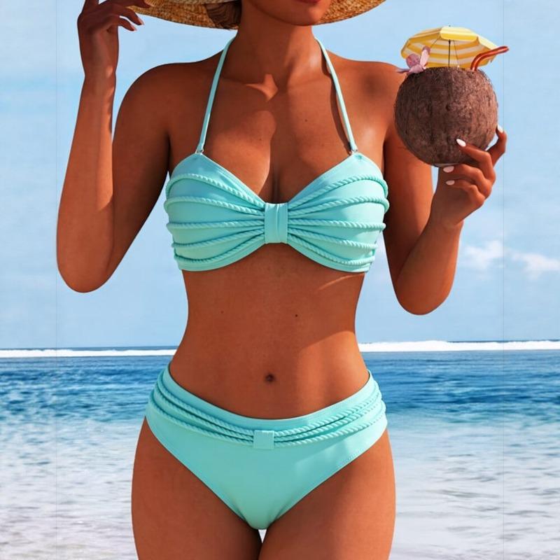2026 New European and American Style Braided Rope Tube Top Bikini Split Swimsuit Women's High Waist Belly Sexy Swimsuit Set
