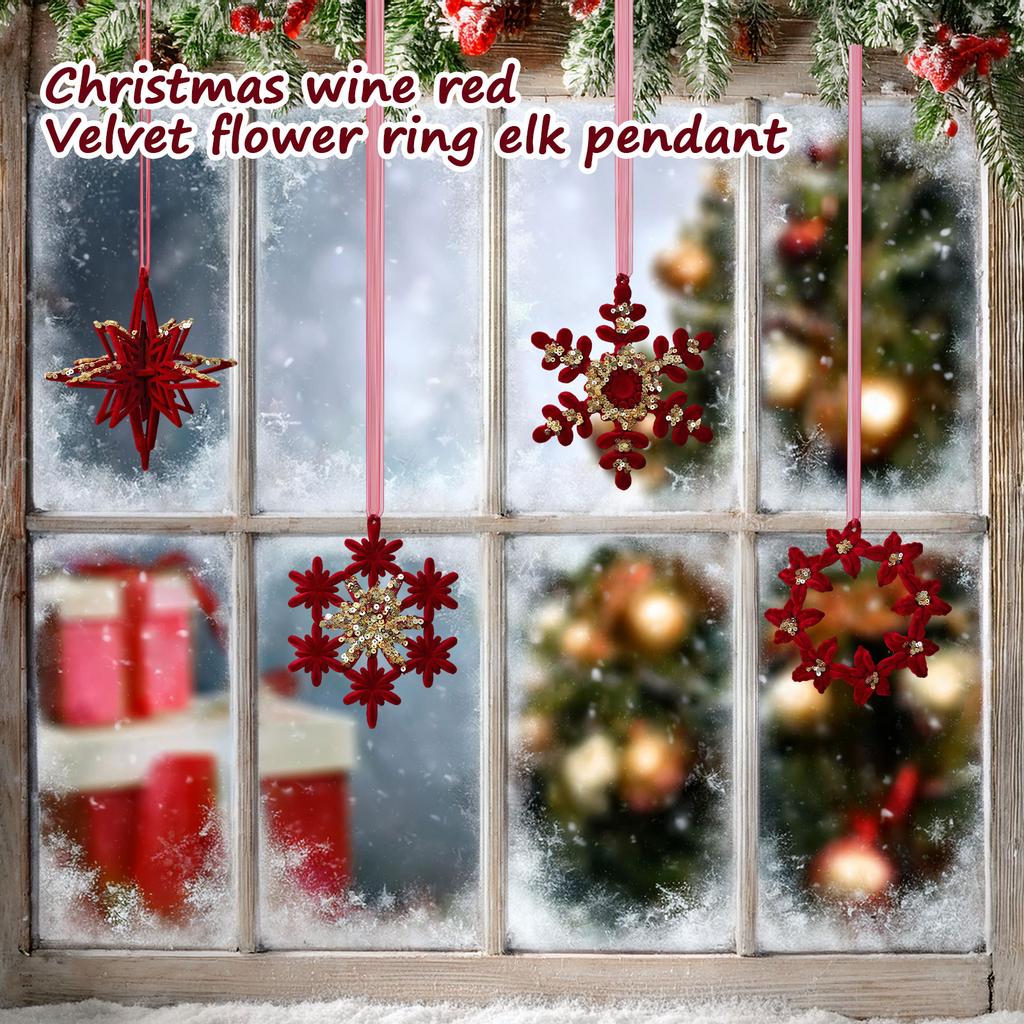 Christmas Decoration Wine Red Flocking Wreath Bow Elk Pendant Christmas Tree Decoration Ornaments