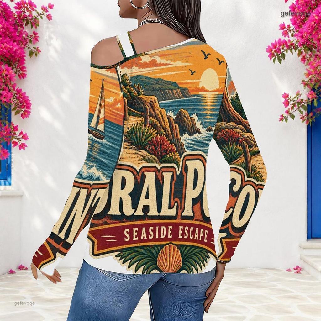 Women Plus Size Asymmetric Cutout Neck Cold Shoulder Fitted Long Sleeve Beach Printed Top
