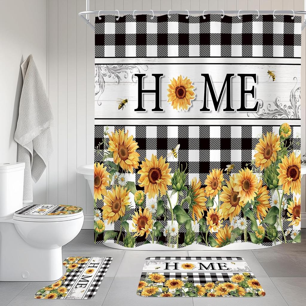 Shower Curtain Sunflower Pattern Buffalo Check Home Theme Bath Decor Waterproof Fabric Country Rustic Home Accessories Kitchen