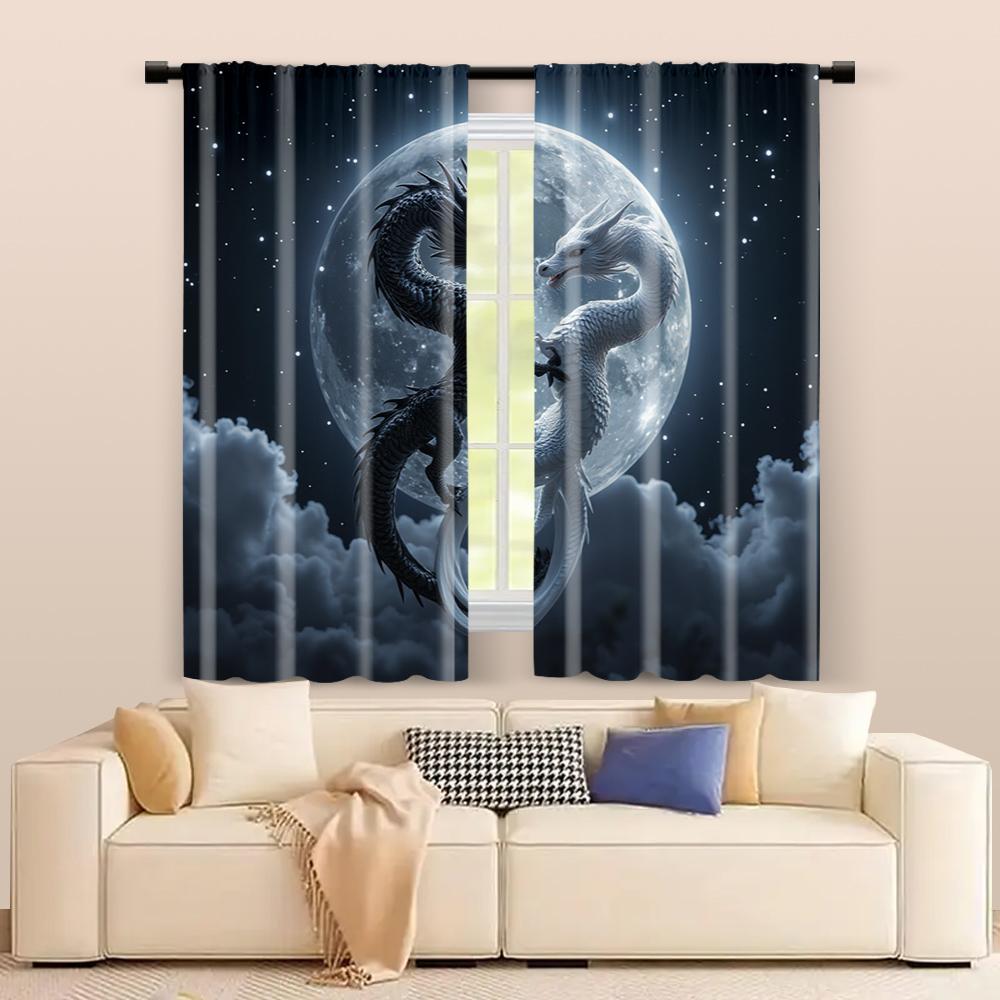 2 Pcs   Filtering Curtains (excluding Rods   Non-movable   Without Batteries) Dual Dragon for Use In Bedrooms and Living Rooms