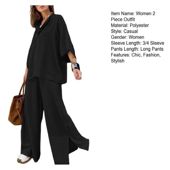 Women's Two-Piece Outfit Oversized 3/4 Sleeve Pullover Top And Wide Leg Pants Set Fall Casual Loose Lounge Set