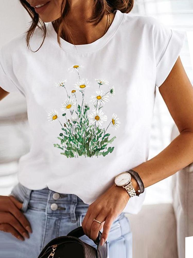 Women's Short-sleeved T-shirt, Fashionable Flower Print Bottoming Shirt