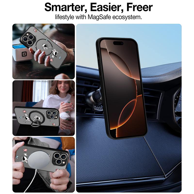 Magnetic Matte Phone Case For iPhone 16 15 Pro 14 13 Pro Max 16e 14 For Magsafe Cartoon Astronaut Pattern Hard Back Cover Fundas