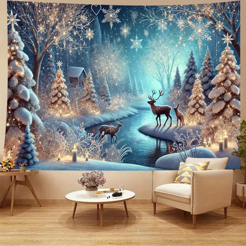 2D Christmas Deer Tapestry, Blue Night Winter Forest Wall Decor for Living Room Bedroom