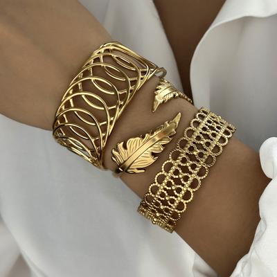 Vintage Exaggerated Metal Wide Cuff Bangle for Women Gold Color Leaves Geometric Stainless Steel Bangles Party Zircon Gifts
