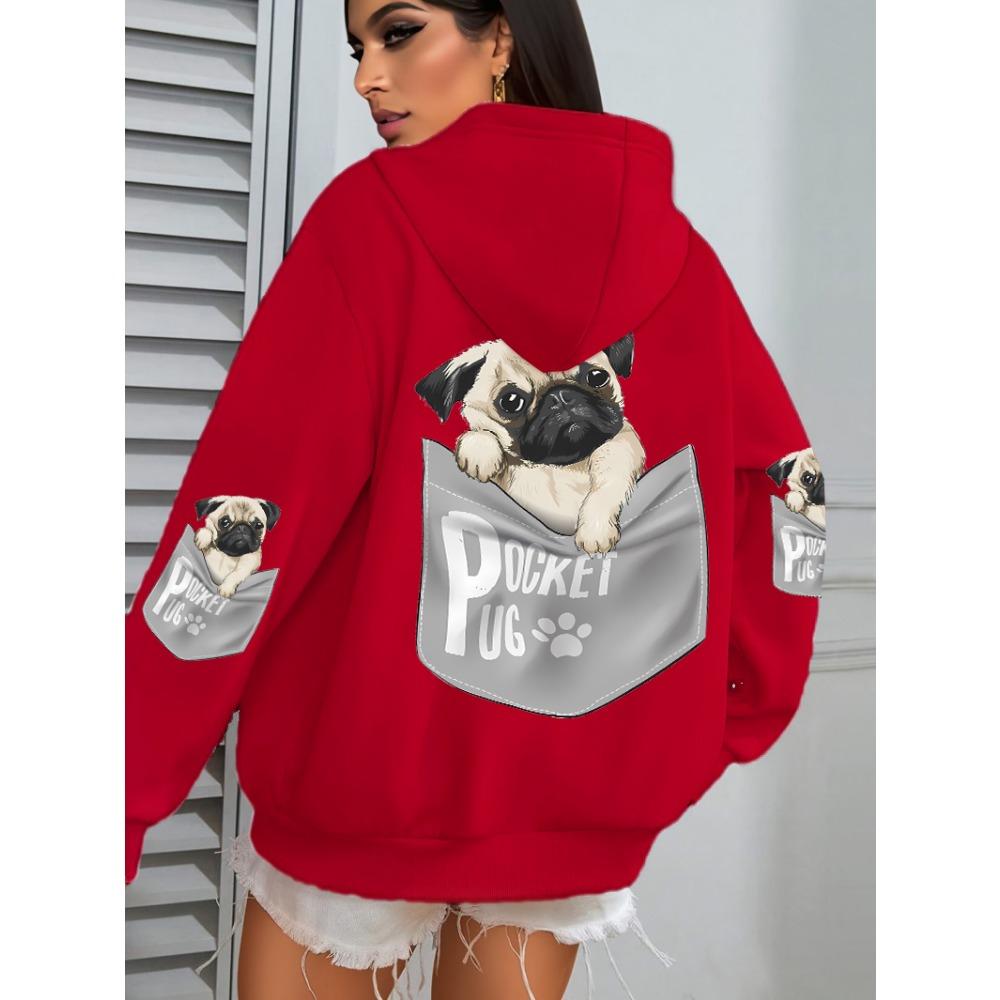 Pocket Pug Hoodies Women Cartoons dog Prints Hooded Loose Pockets Sweatshirts Winter Fleece Warm Tops