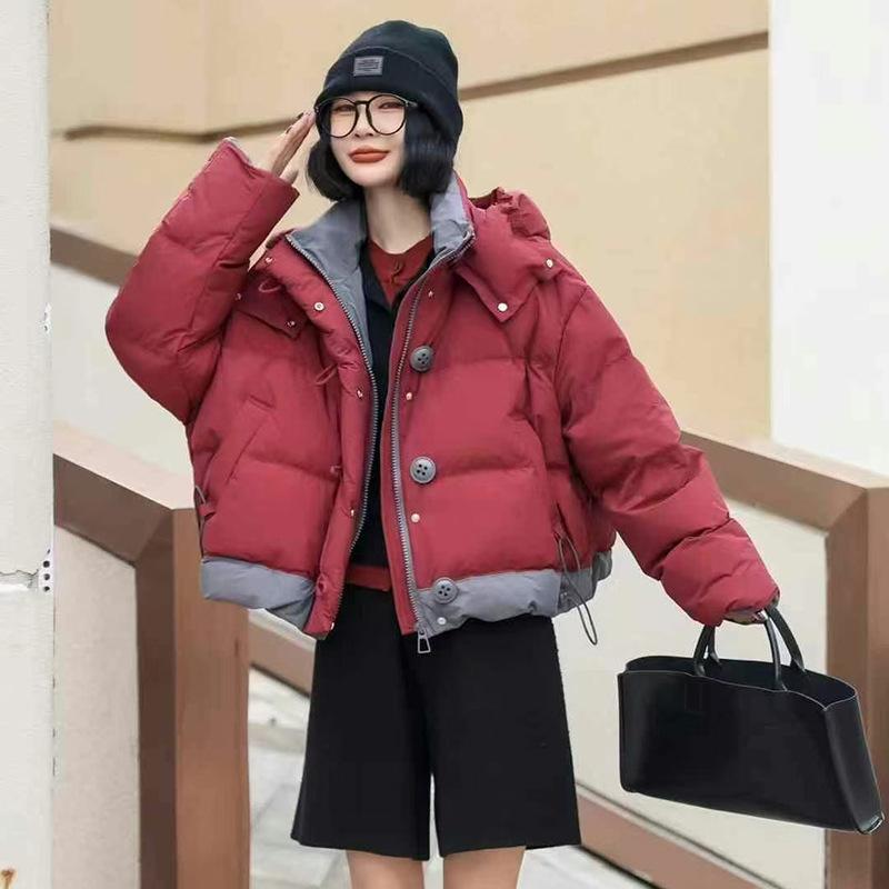 

Премиальный пуховик с капюшоном из белого утиного пуха, женский короткий, 2025 зимний, утолщенный, с цветовой блокировкой, куртка-пуховик хлеб , тренд S