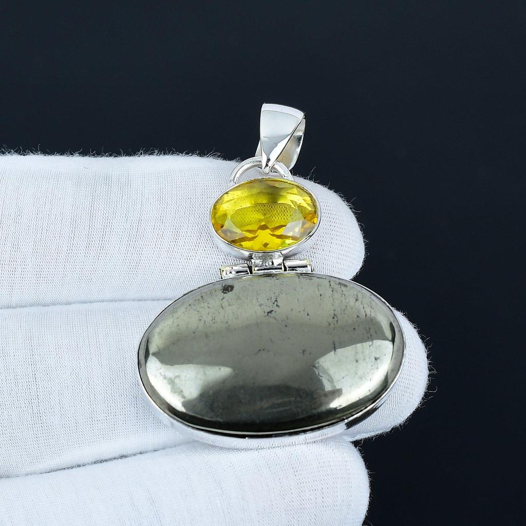 Golden Apache Pyrite & Citrine Gemstone Pendant Handmade 925 Sterling Silver Pendant Designer Artisan Jewelry Handmade Pendant Anniversary Gifts