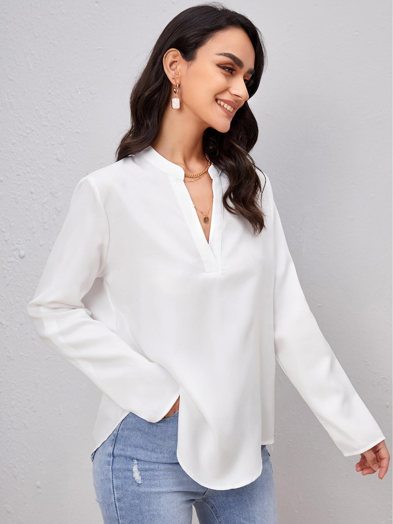 

Women s V-Neck Long-Sleeve Rolled-Up Shirt - 2025 Spring/Autumn European & American Style Fashion Top Small белый