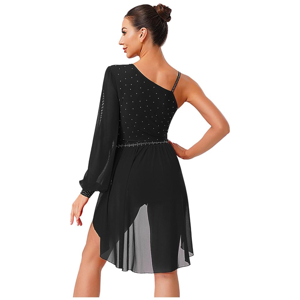 Womens One Shoulder Latin Dance Dress Single Sleeve Sparkle Rhinestone Performance Costume
