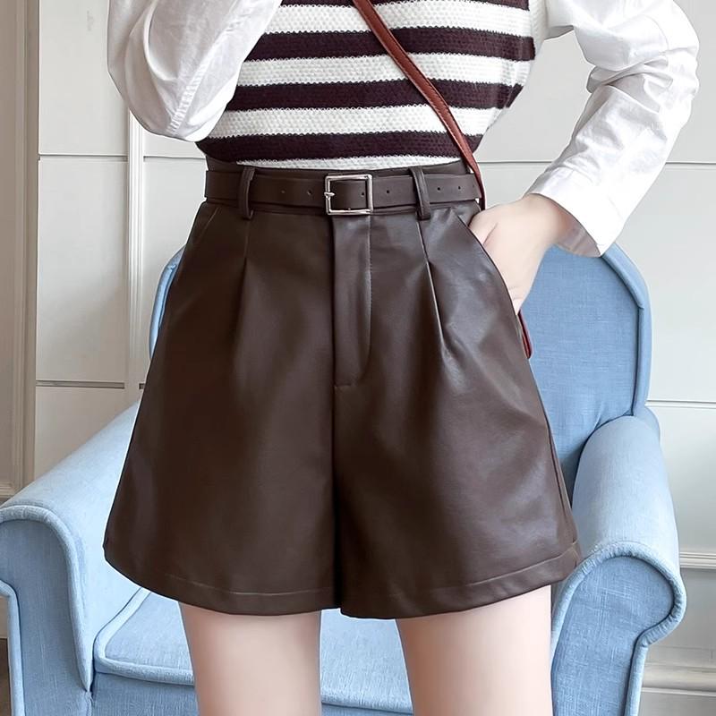 Women's 2024 Autumn/Winter Black High-Waisted Leather Wide-Leg Shorts - Casual, Slimming, Versatile Boot Pants