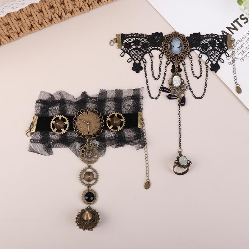 Model Gothic Steampunk Lace Cuff Arm Bracelet With Ring Black Accessories For Woman Gifts