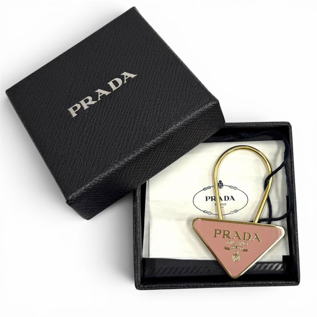 Excellent PRADA Key Ring Triangle Logo Plate Keyring Pink Women 1PS063 Used
