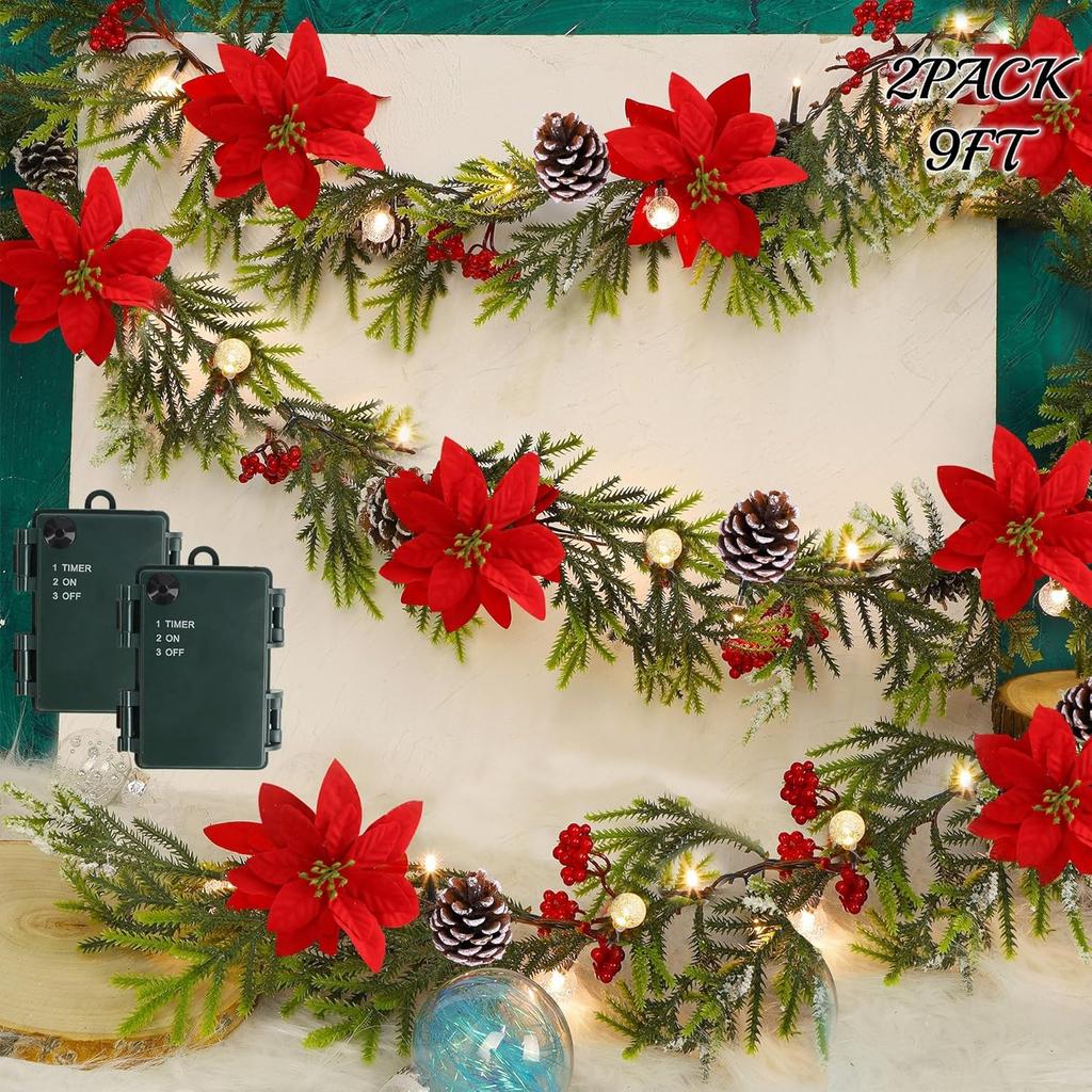 2 Pack 9' Pre-lit Flocked Christmas Garland, Lighted Poinsettia Spruce, Battery Operated, Green Red
