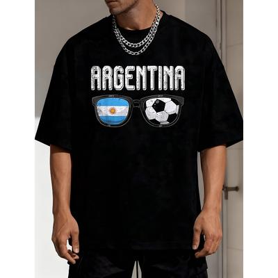 Herren T-Shirt mit Argentinien Flagge & Fußball - Retro Nationales Design mit Ikonischem Flaggen- & Fußball-Print, Atmungsaktives Leichtes Rundhals-T-Shirt Geeignet