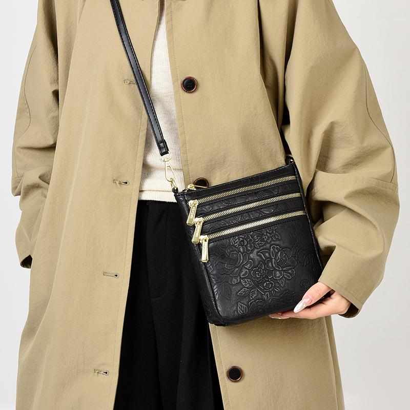Stylish Embossed Floral Crossbody Bag for Women – Multi-Zipper Mini Shoulder Bag with Elegant Design