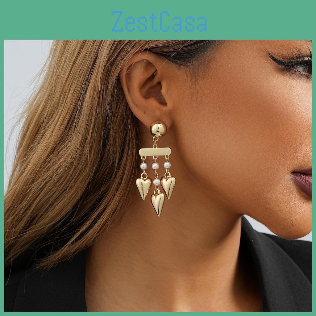 Fashionable Gold Geometric Heart Dangle Earrings With Faux Pearl For Ladies