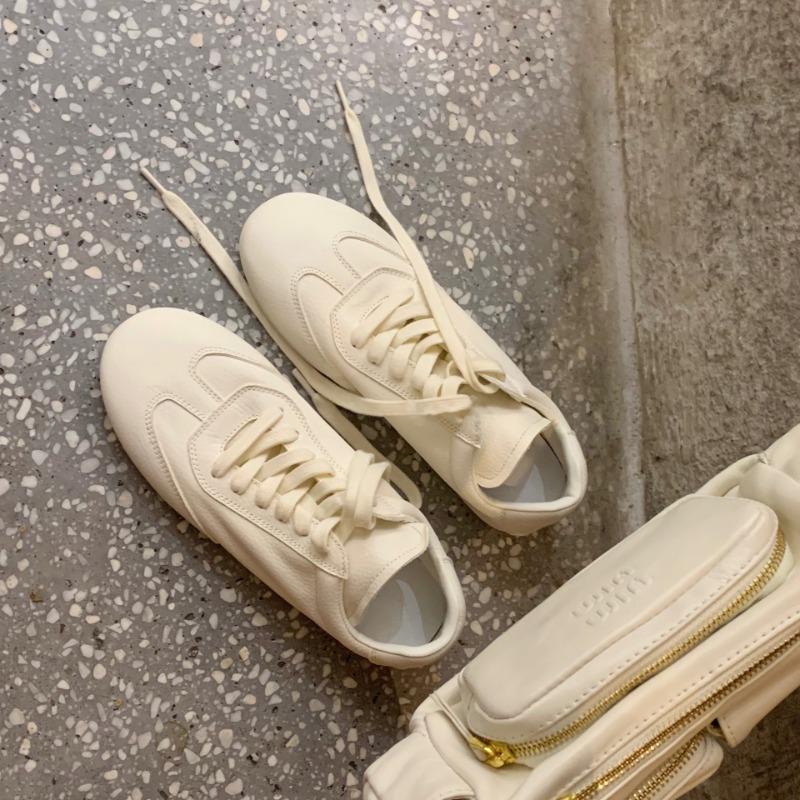 Sheepskin version~ leather round head lace-up breathable little white shoes women's new casual sports shoes