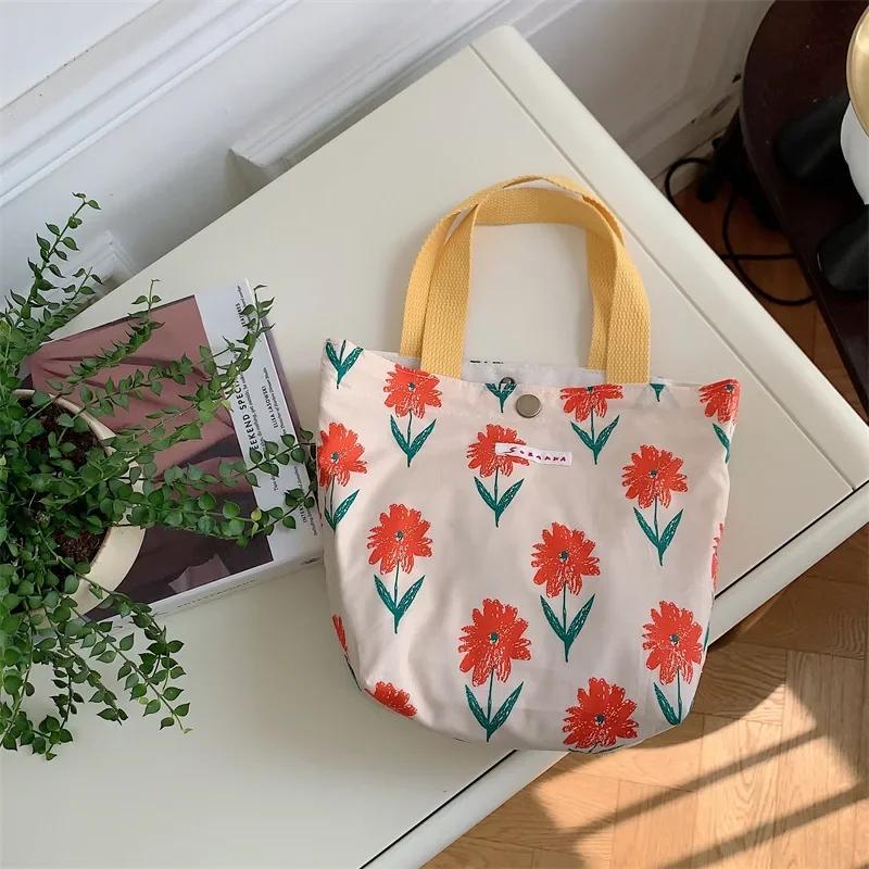 Korean Cloth Handbags Lunch Box Bag Women's Beauty Flower Canvas Bag Outside Shopping Toiletry Phone Oagnzier Storage Bags