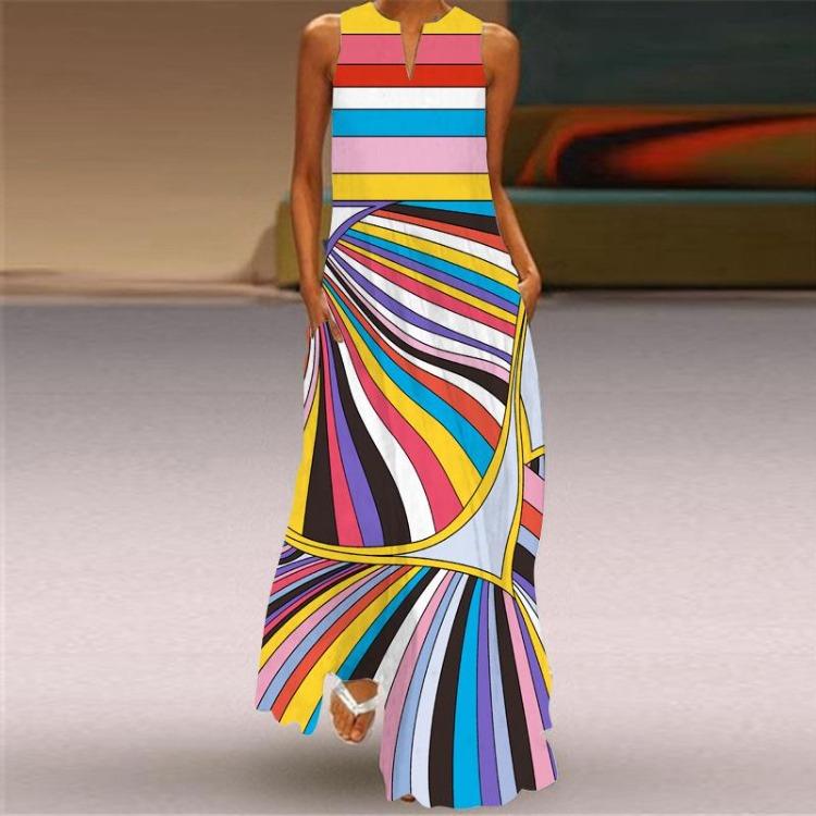 Sleeveless V Neck Retro Printed Multicolor Maxi Dress with Pockets