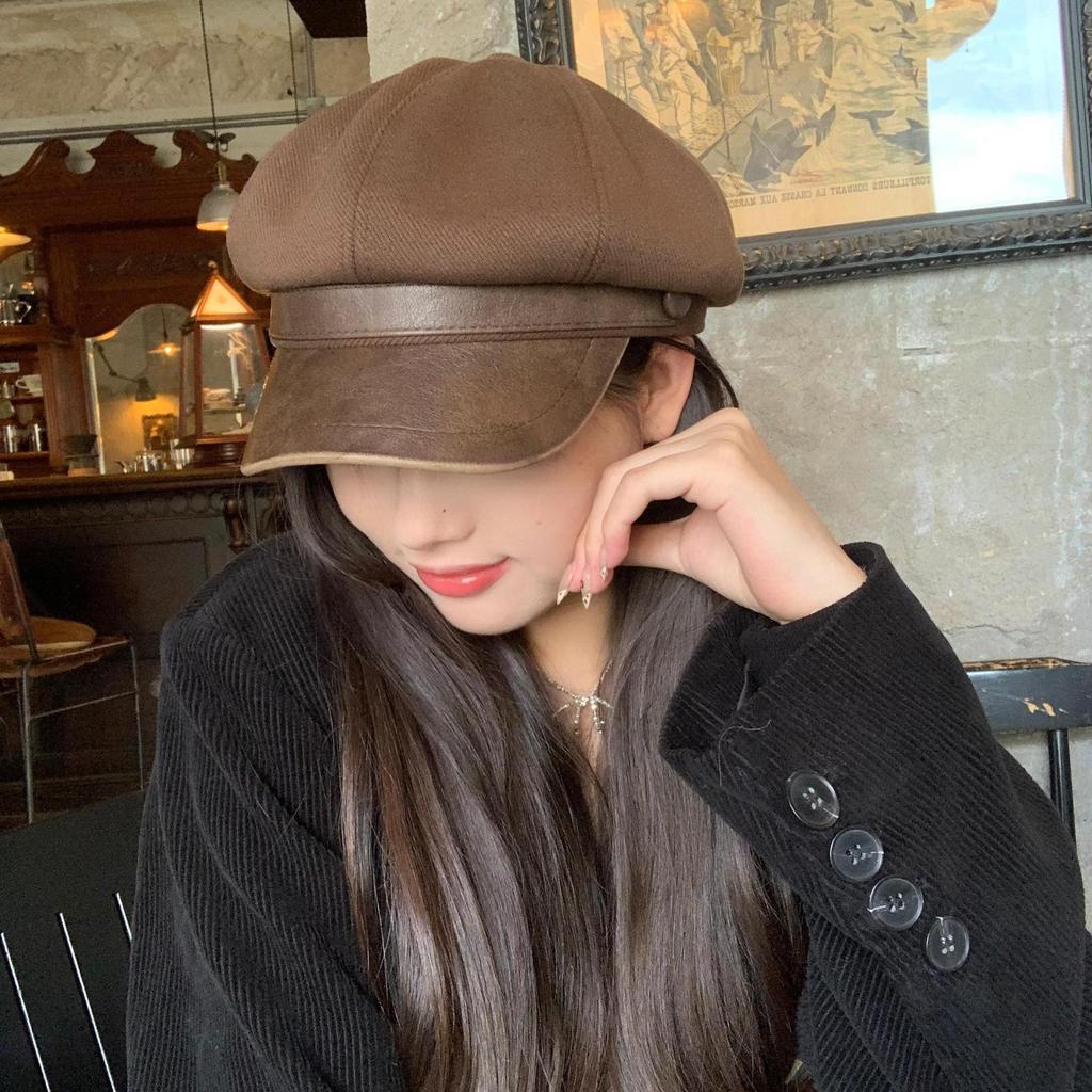Retro Style Distressed Leather Octagonal Hat Chic Style Face showing Versatile Bailey Newsboy Hat for Women